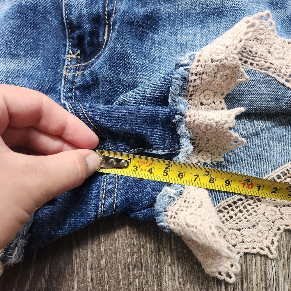 Free People Lacey Lace High Rise Denim Distressed Shorts 27